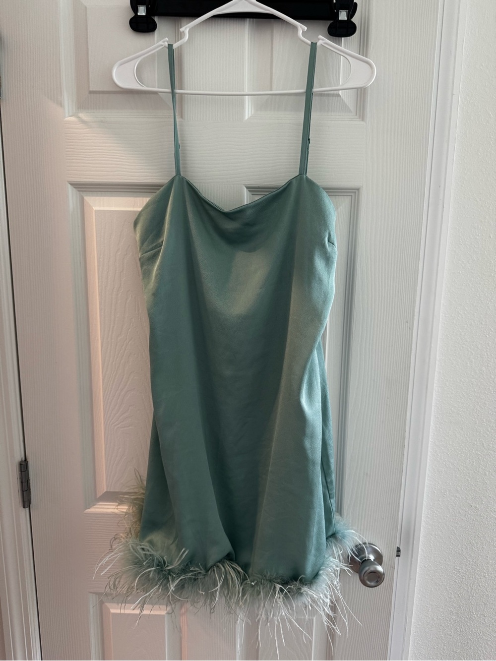 Satin Feather Trim Mini Dress in Sage